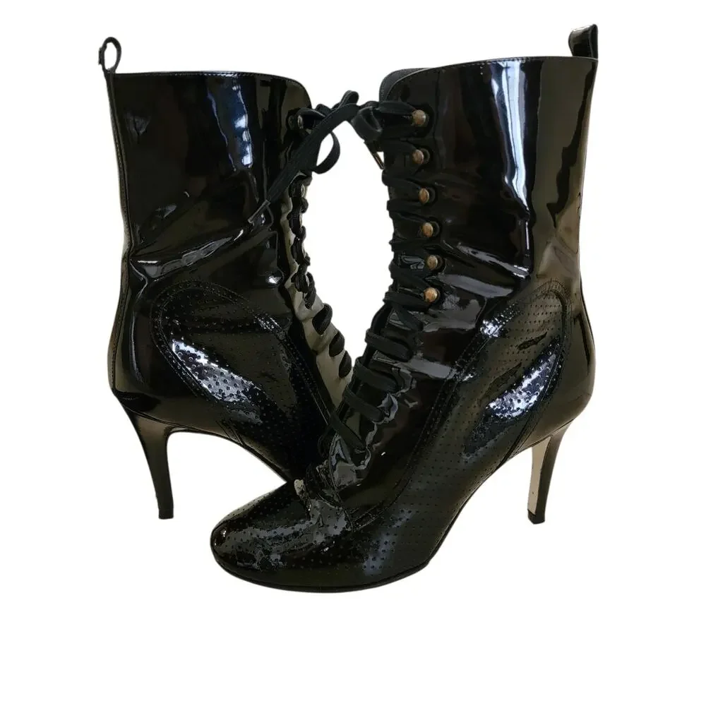 Chanel Ankle Boots Vintage Patent Leather Black Logo CC Lace-Up Heels IT 37.5 7